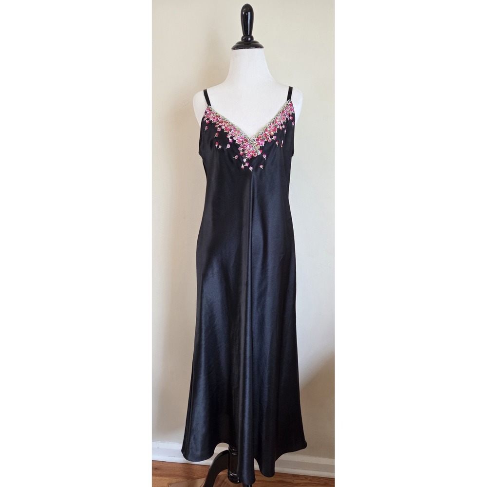 Vtg Oscar De La Renta Pink Label Black Satin Slip Dress Nightgown Embroided L